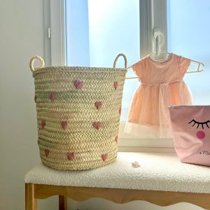 PANIER DE RANGEMENT MAROCAIN PAILLE CŒUR ROSE RONDE 40CM
