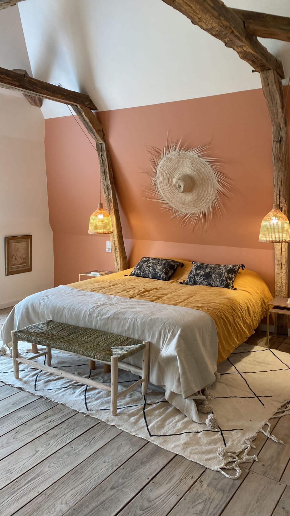 BANC TRESSÉ EN DOUM ET BOIS NATUREL TRESSAGE ZIGZAG 100CM MODÈLE AGADIR