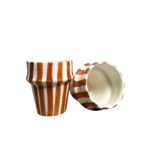 TASSE À CAFÉ BLANCHE RAYÉ MARRON H7 FAIT MAIN (LOT DE 2)