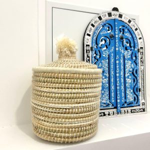 PANIER DE RANGEMENT MAROCAIN PAILLE ET LAINE BLANC RONDE 20CM