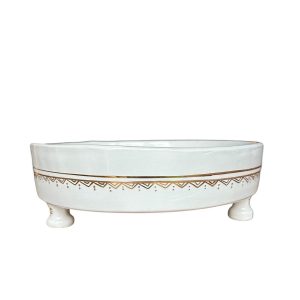 SALADIER PLATEAU ROND SUR PIED BLANC ET DORÉ EN CÉRAMIQUE
