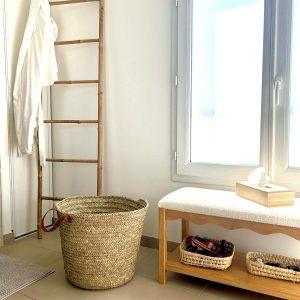 PANIER DE RANGEMENT MAROCAIN PAILLE ET ANSE EN CUIR 45CM