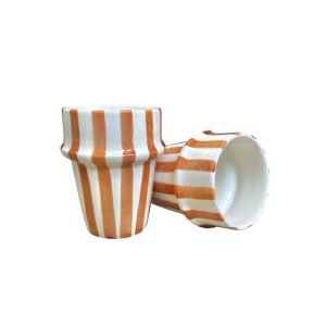 TASSE BLANCHE RAYÉ MARRON H10 FAIT MAIN (LOT DE 2)