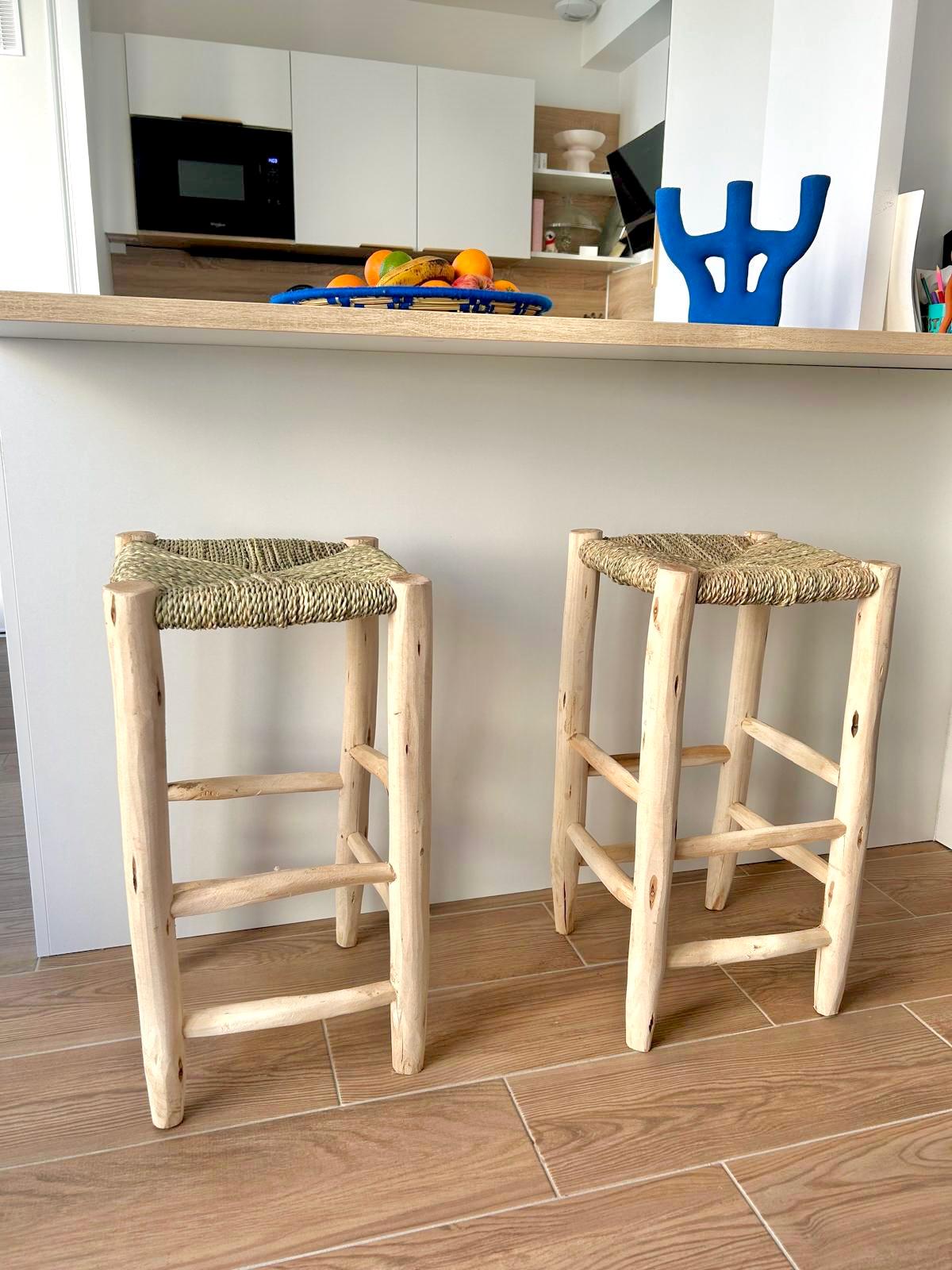 TABOURET DE BAR EN DOUM ET BOIS NATUREL MAROCAIN FAIT MAIN