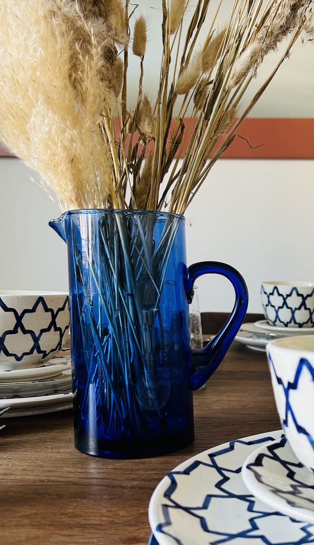 CRUCHE CARAFE EN VERRE SOUFFLÉ BELDI MAROCAINE BLEU