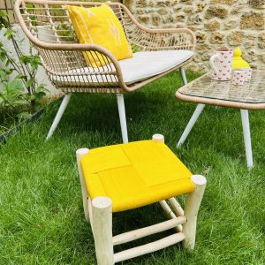 TABOURET EN FIL JAUNE ET BOIS NATUREL 30x30CM