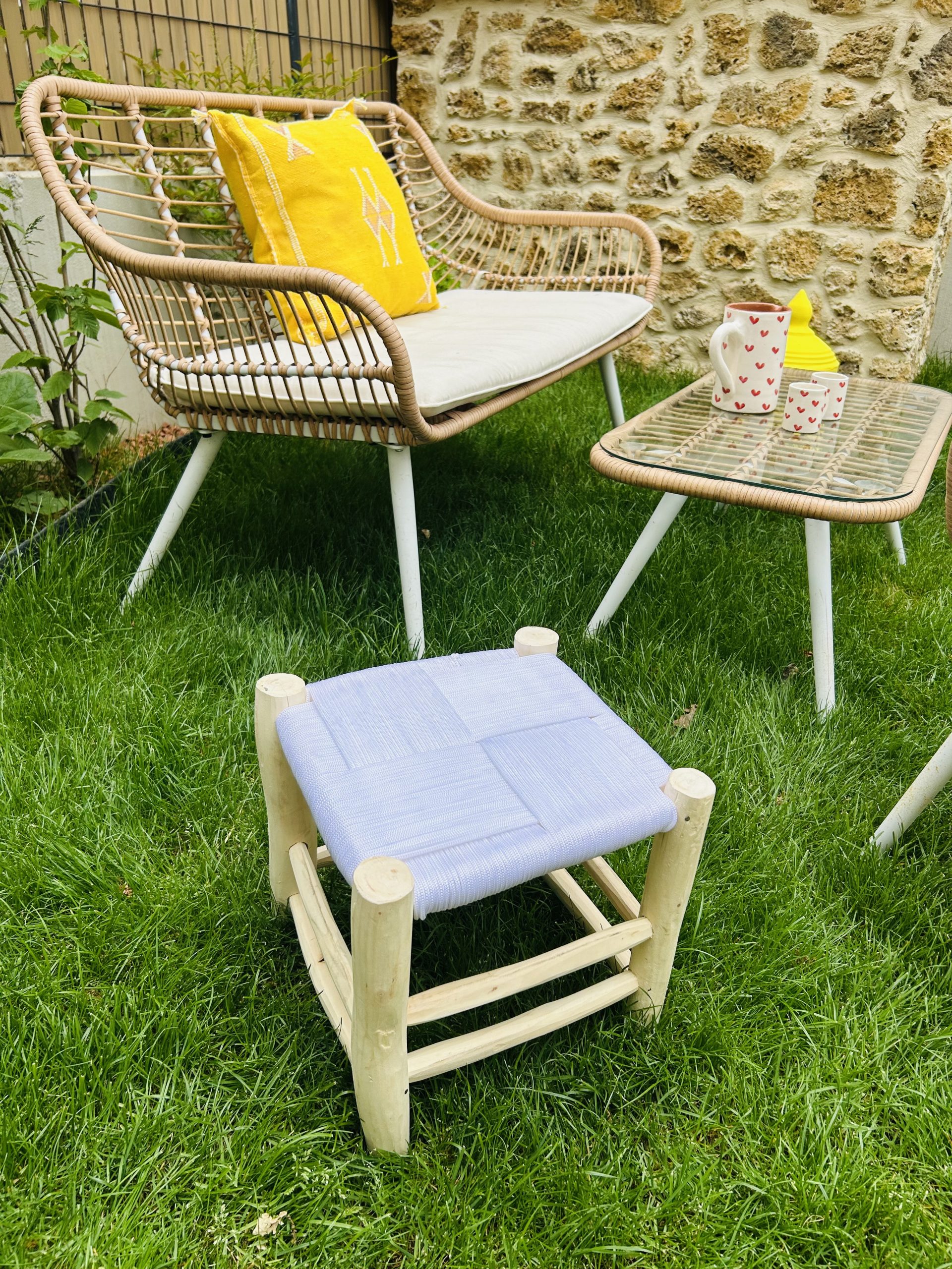 TABOURET EN FIL BLANC ET BOIS NATUREL 30x30CM