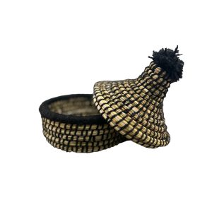 PETIT PANIER DE RANGEMENT MAROCAINE PAILLE ET LAINE NOIR 6CM