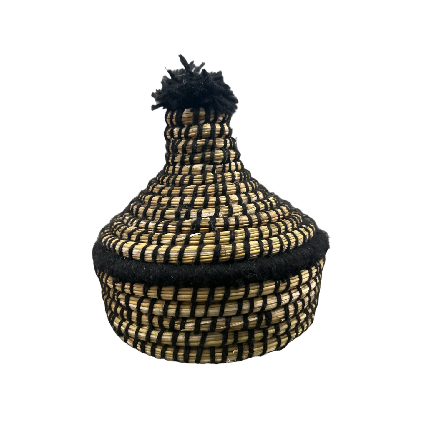 PETIT PANIER DE RANGEMENT MAROCAINE PAILLE ET LAINE NOIR 6CM – Image 2