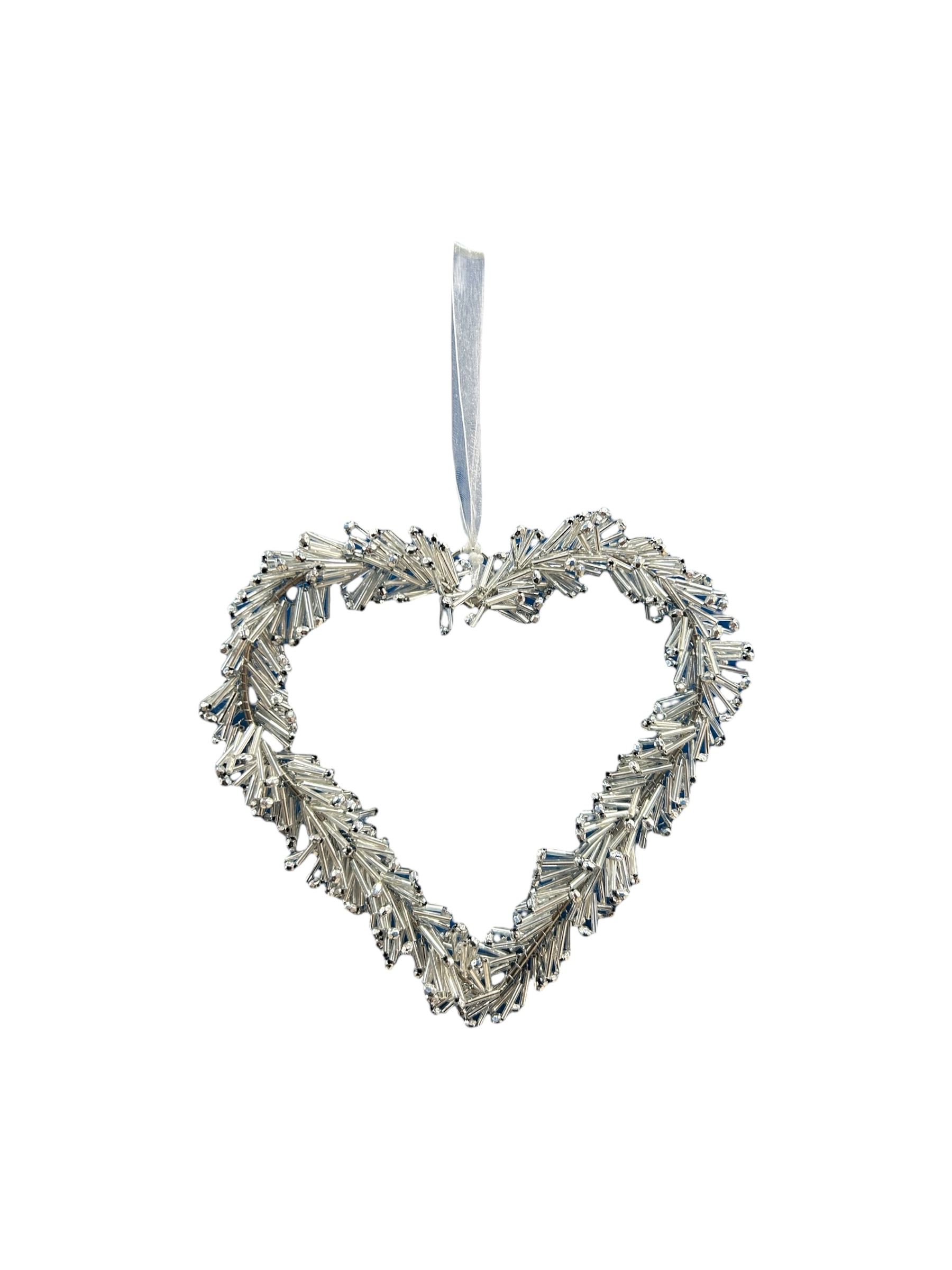 Cœur décoratif en perle doré argenté avec ruban