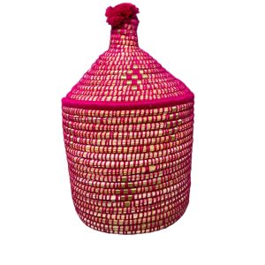 PANIER DE RANGEMENT MAROCAIN PAILLE ET LAINE ROSE 20CM