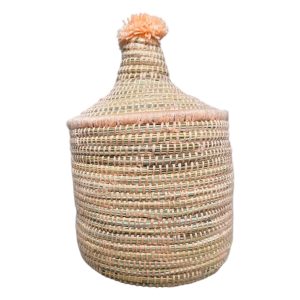 PANIER DE RANGEMENT MAROCAIN PAILLE ET LAINE SAUMON 20CM