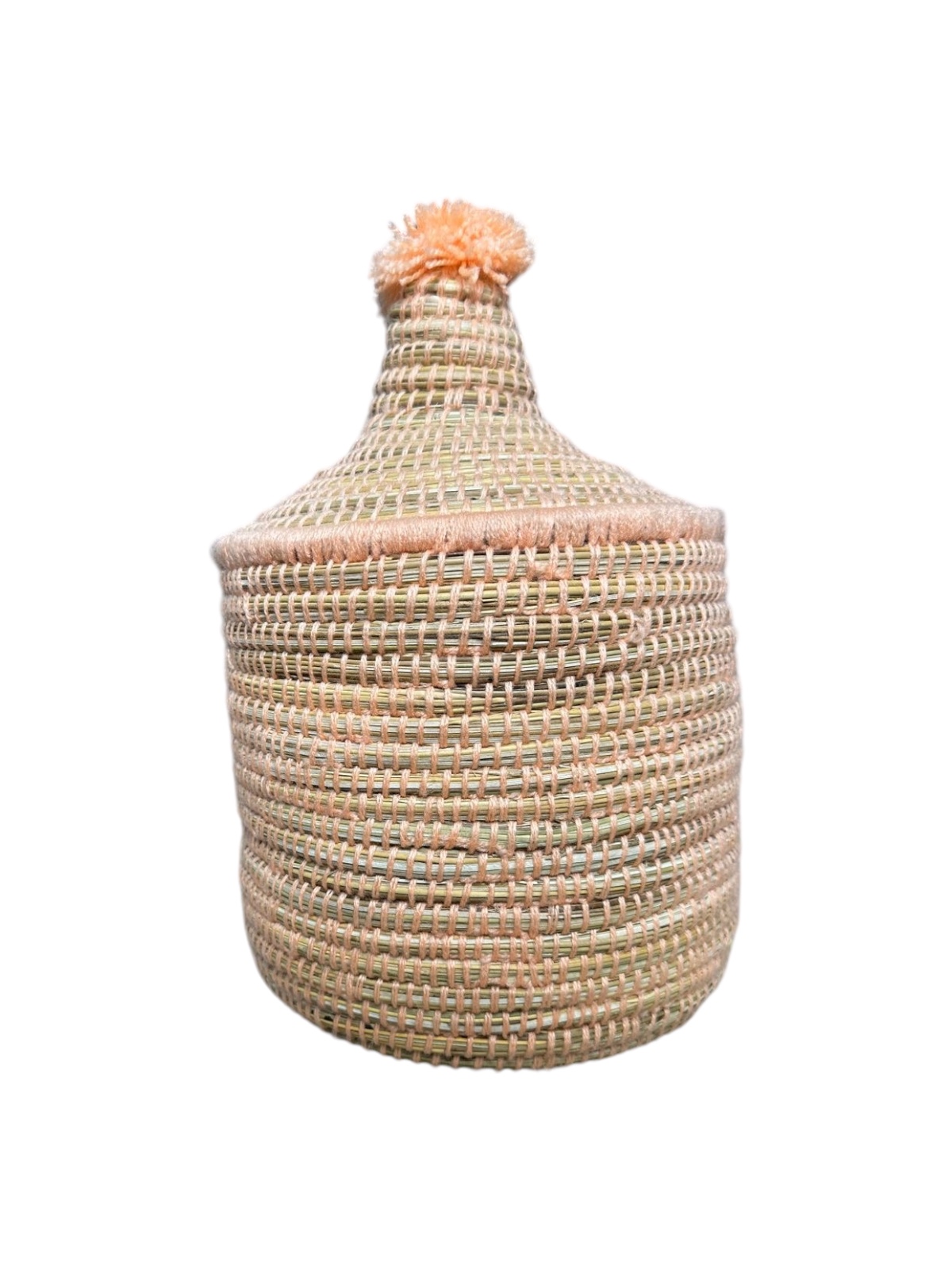 PANIER DE RANGEMENT MAROCAIN PAILLE ET LAINE SAUMON 20CM