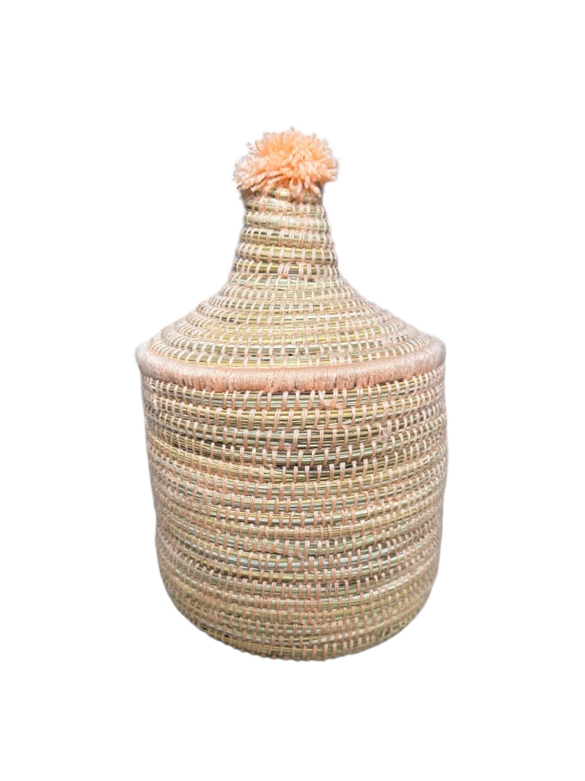 PANIER DE RANGEMENT MAROCAIN PAILLE ET LAINE SAUMON 20CM – Image 3