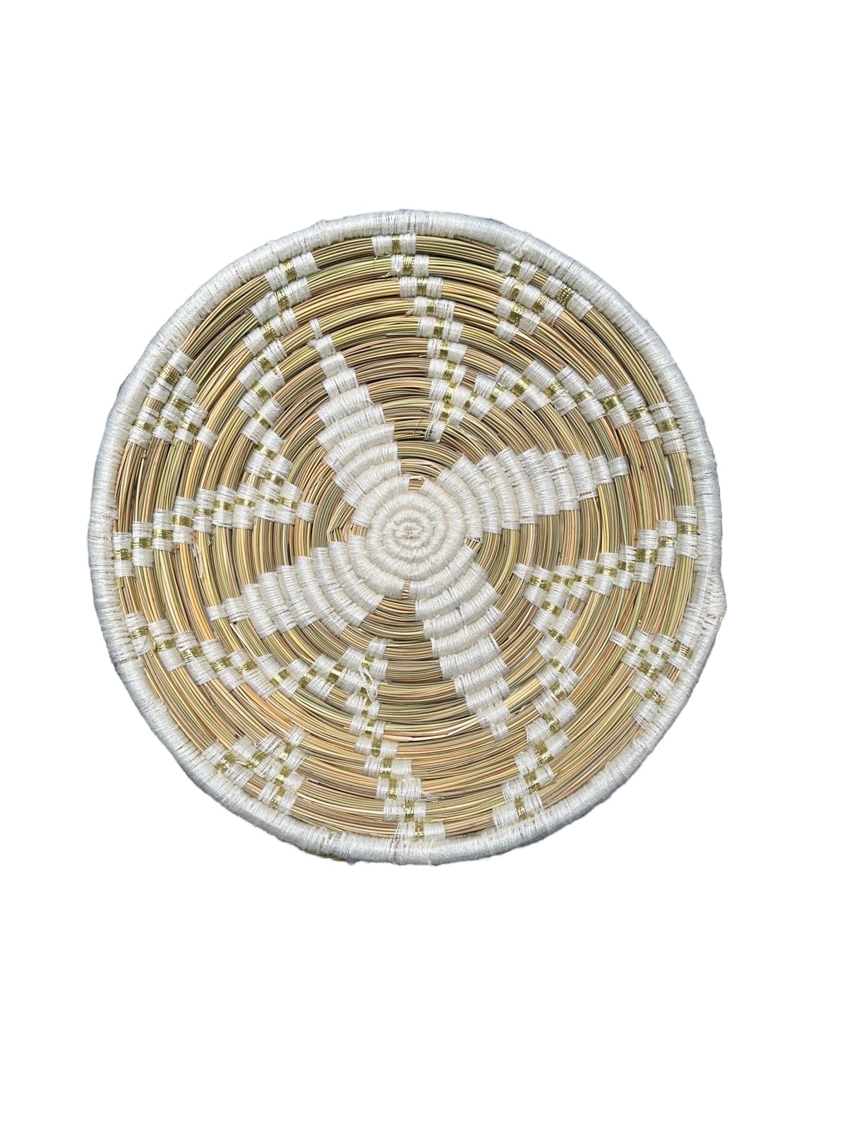 PLATEAU BERBÈRE ROND MAROCAIN EN LAINE BLANC ET FEUILLES DE PALMIER MODÈLE TAZA