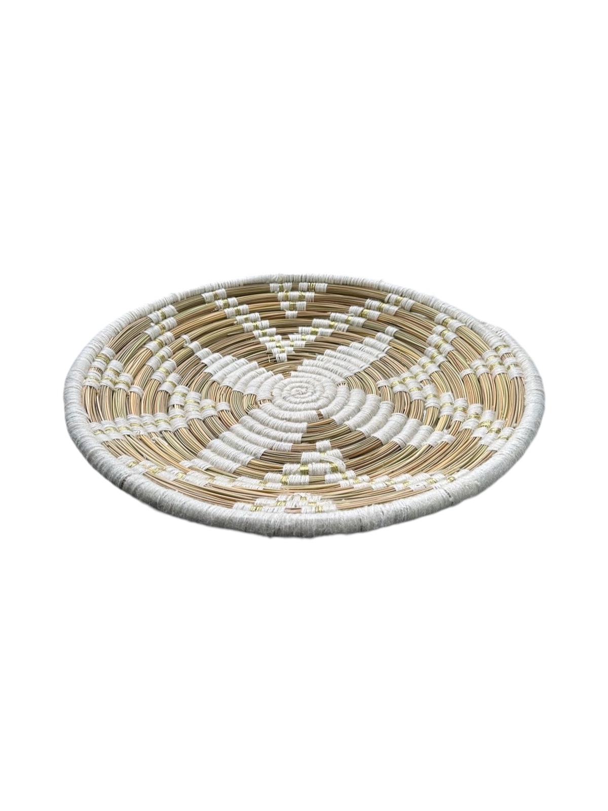 PLATEAU BERBÈRE ROND MAROCAIN EN LAINE BLANC ET FEUILLES DE PALMIER MODÈLE TAZA – Image 3