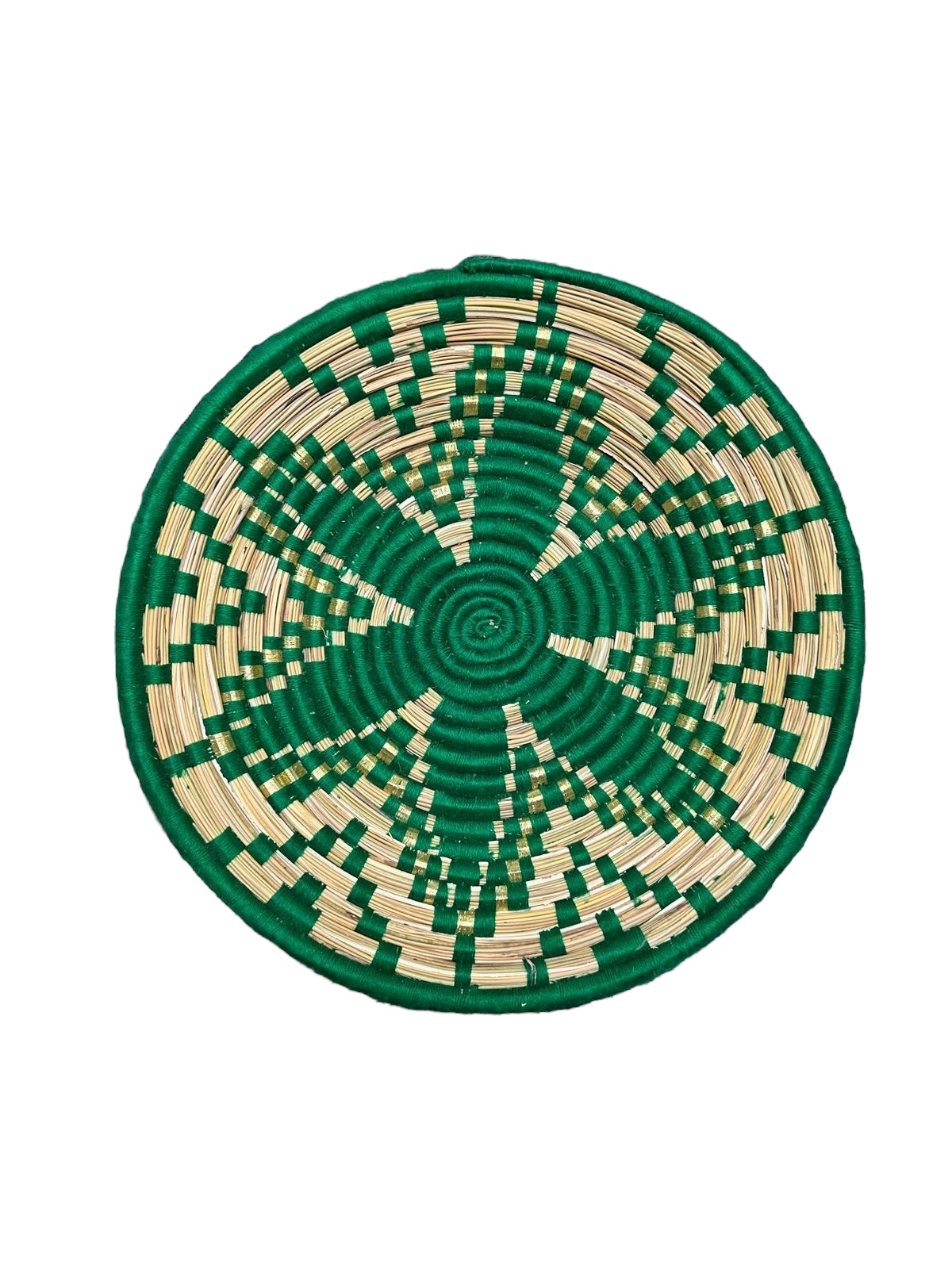 PLATEAU BERBÈRE ROND MAROCAIN EN LAINE VERT ET FEUILLES DE PALMIER MODÈLE TAZA