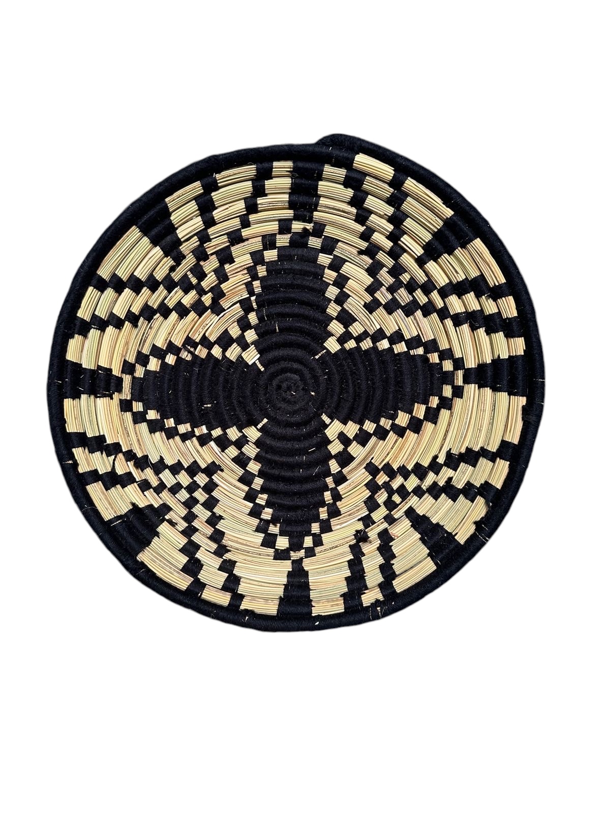 PLATEAU BERBÈRE ROND MAROCAIN EN LAINE NOIR ET FEUILLES DE PALMIER MODÈLE TAZA