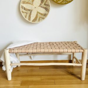 BANC EN CUIR MARRON CLAIR ET BOIS NATUREL 100CM MODÈLE BZOU