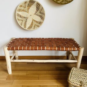 BANC EN CUIR MARRON FONCÉ ET BOIS NATUREL 100CM MODÈLE BZOU