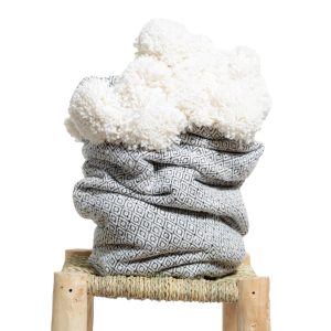 PLAID JETÉ DE LIT À POMPONS BLANC À MOTIF NOIR MODÈLE NAÏMA - Petit