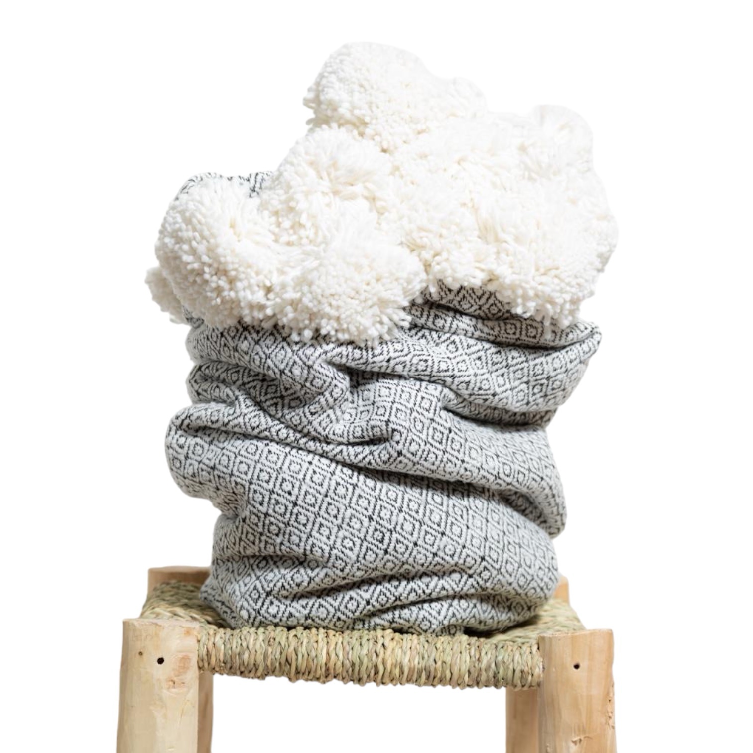 PLAID JETÉ DE LIT À POMPONS BLANC À MOTIF NOIR MODÈLE NAÏMA