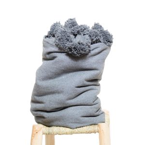 PLAID JETÉ DE LIT À POMPONS 1,5x2 GRIS FONCÉ PETIT MODÈLE NAÏMA