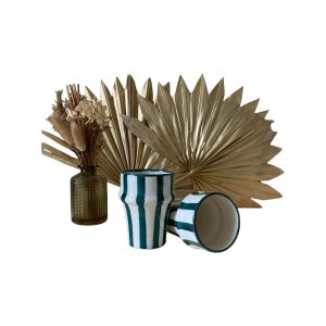 LOT DE 2 TASSES VERRES BELDI EN CÉRAMIQUE RAYÉ VERT MODÈLE ZAGORA