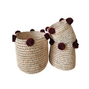 PANIERS DE RANGEMENT MAROCAIN PAILLE ET POMPONS BORDEAUX