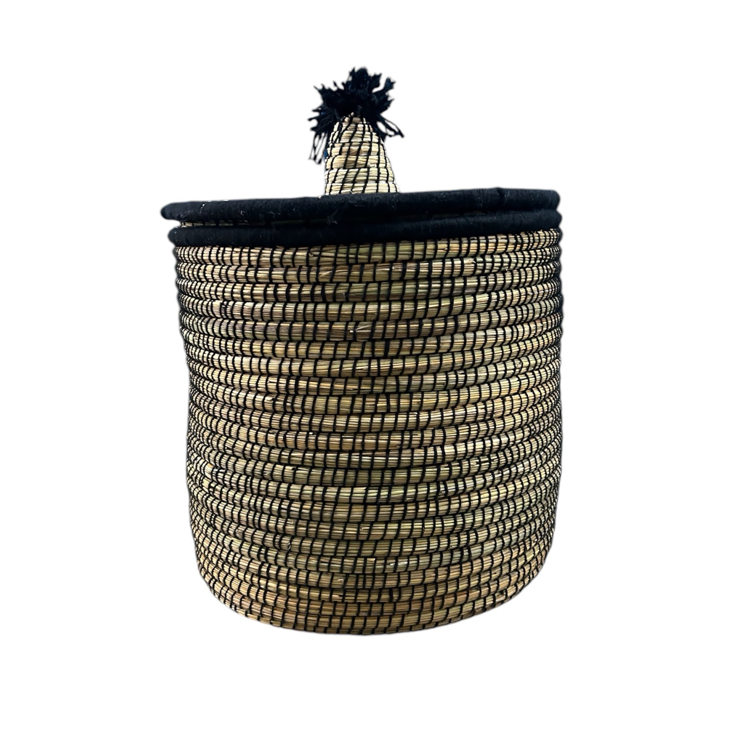 PANIER DE RANGEMENT MAROCAIN PAILLE ET LAINE NOIR RONDE 40CM – Image 3
