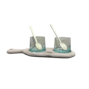 PLATEAU PLAT APÉRITIF EN BOIS NATUREL ET CONTENANT EN VERRE TRANSPARENT