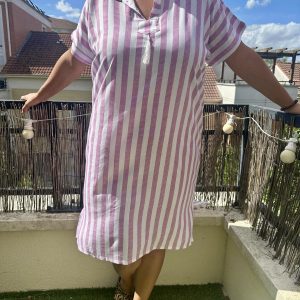 ROBE 100% LIN À RAYURE VIOLET