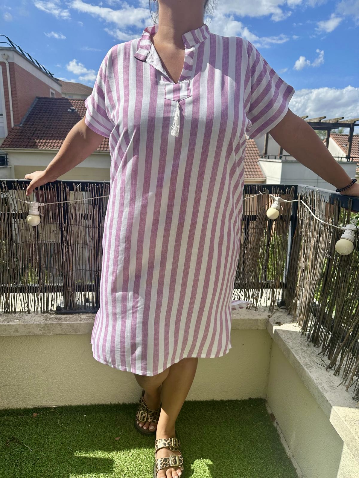 ROBE 100% LIN À RAYURE VIOLET