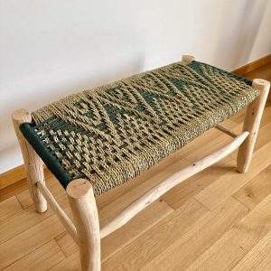 BANC TRESSÉ EN DOUM ET FIL KAKI BOIS NATUREL TRESSAGE CARREAU 80CM MODÈLE AGADIR