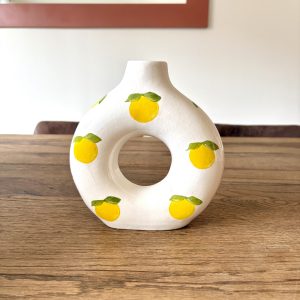 VASE 3 TÊTES EN TERRE CUITE BLANC DESSIN CITRON