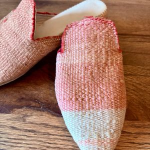 Babouche marocain en laine coloré avec semelle en cuir - Blanc écru Orange