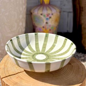 PLAT SALADIER ROND BLANC RAYÉ VERT FAIT MAIN