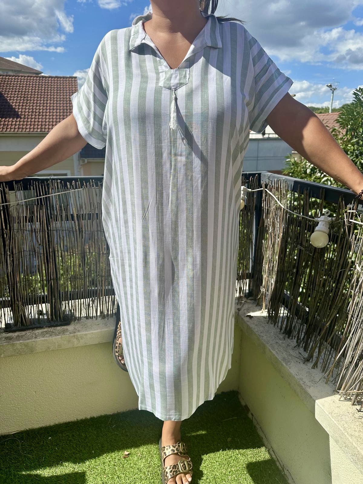 ROBE 100% LIN À RAYURE VERTE