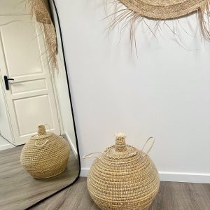 PANIER DE RANGEMENT MAROCAIN PAILLE ET LAINE BLANC RONDE 40CM