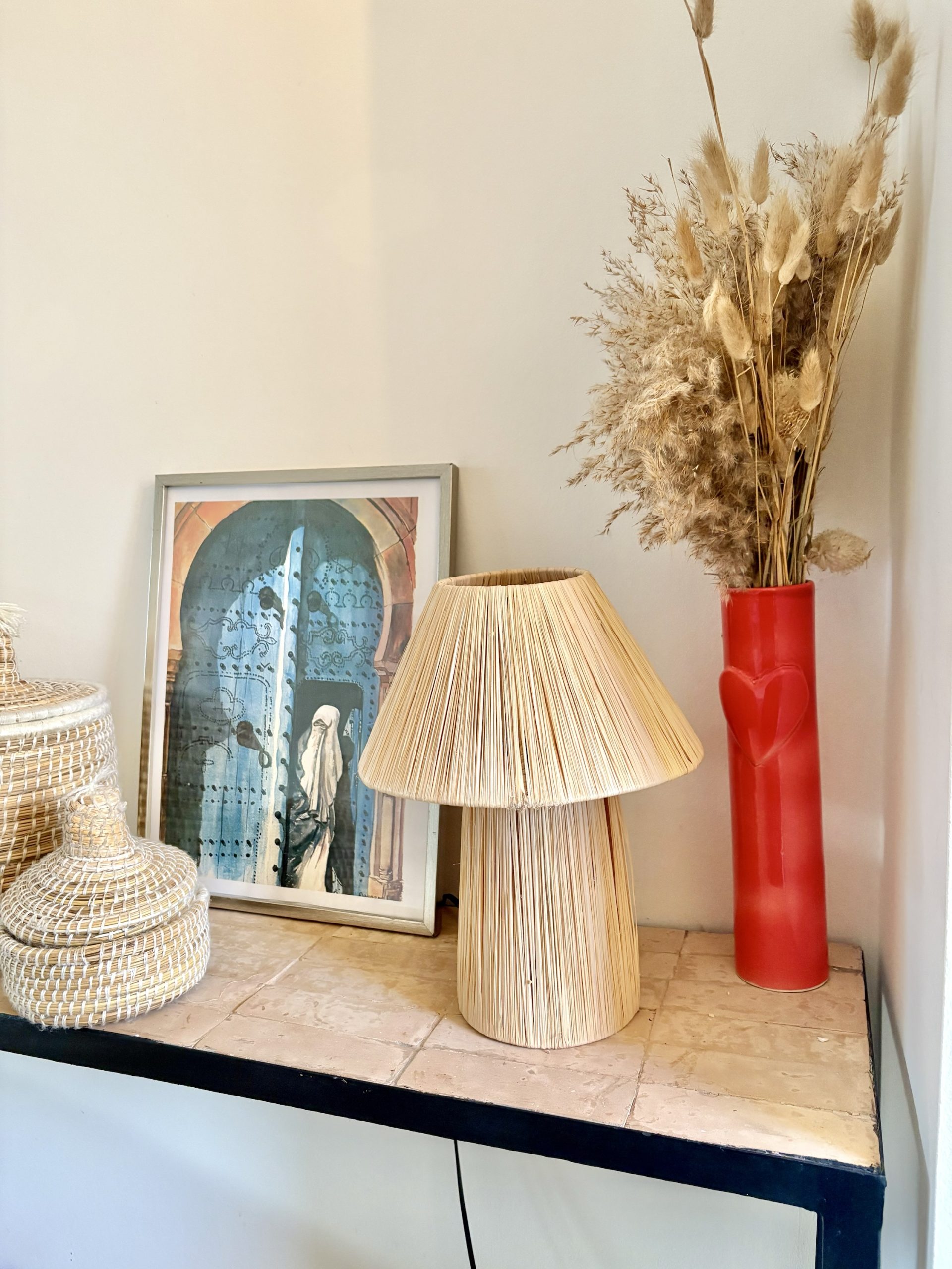 LAMPE RAPHIA À POSER MAROCAINE CHAPEAU H25