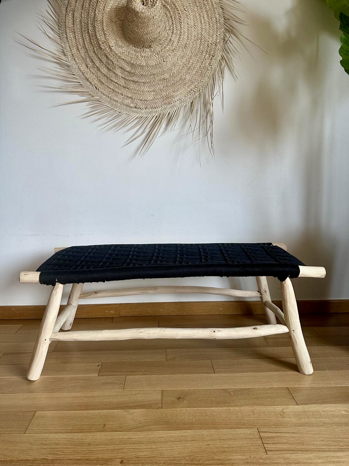 Banc marocain en bois et tressage en fil coloré noir 100cm