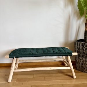 Banc marocain en bois et tressage en fil coloré vert sapin 100cm