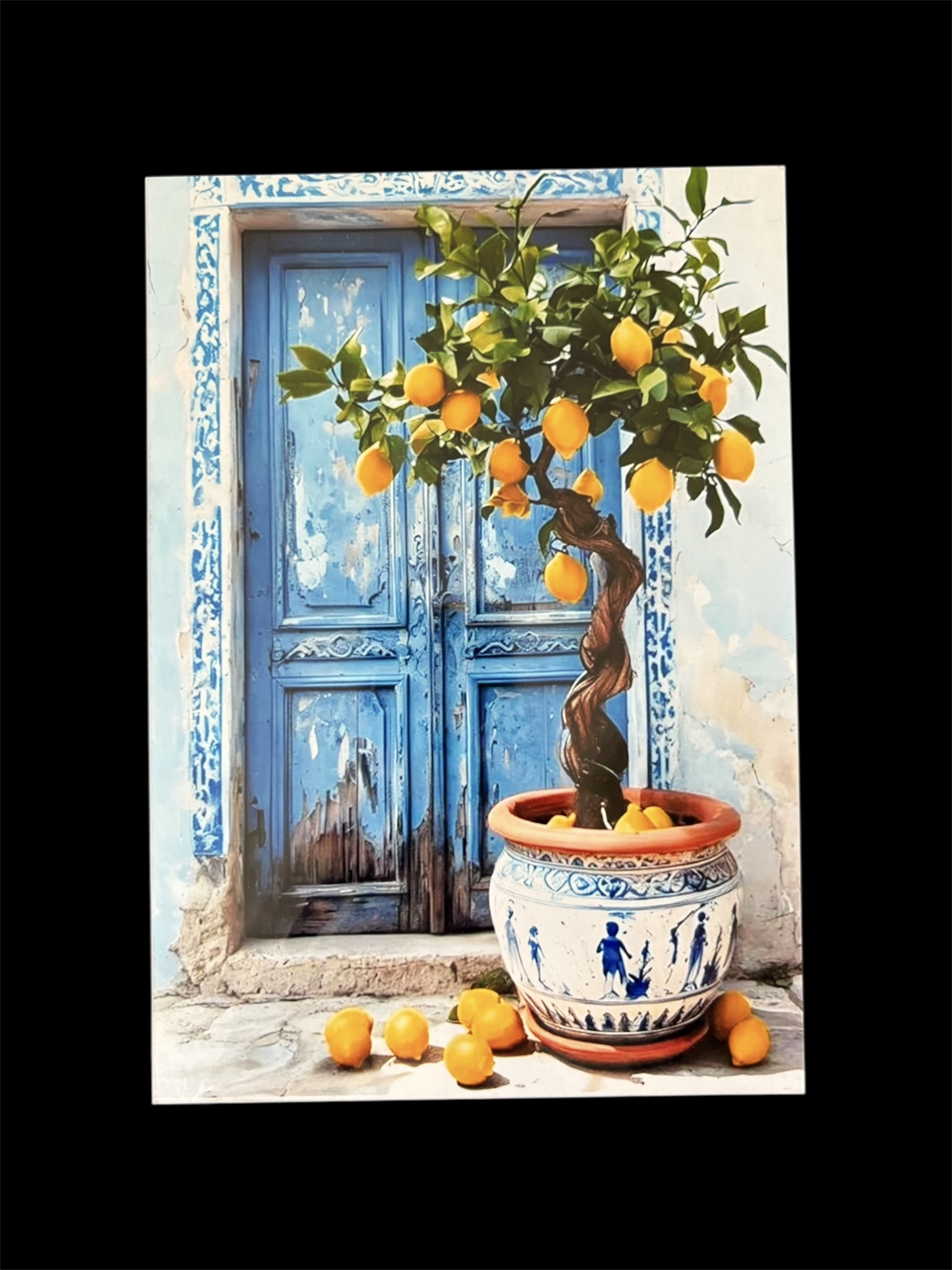 AFFICHE MAROC RIGIDE FOND NOIR PAYSAGE 24x30 - PORTE BLEUE ORANGER