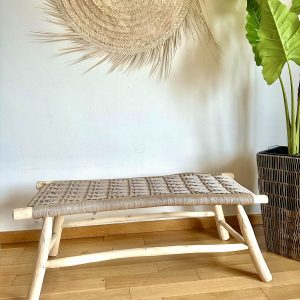 Banc marocain en bois et tressage en fil coloré beige 100cm