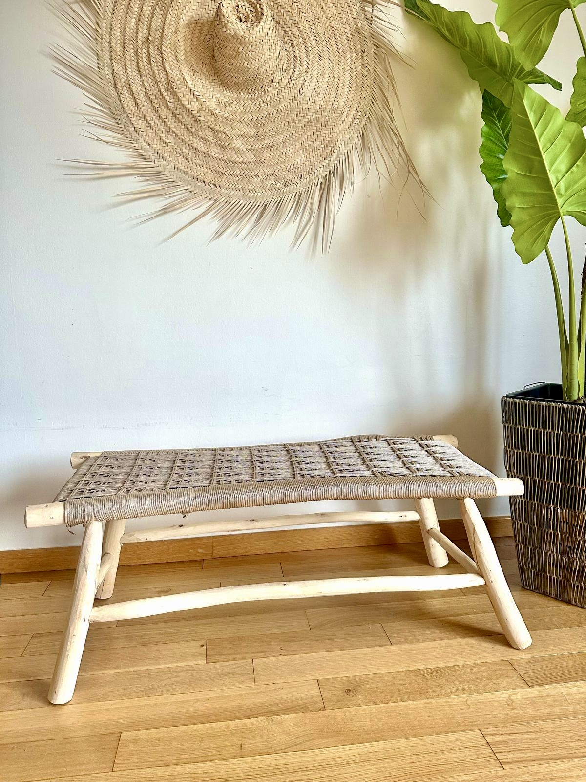 Banc marocain en bois et tressage en fil coloré beige 100cm