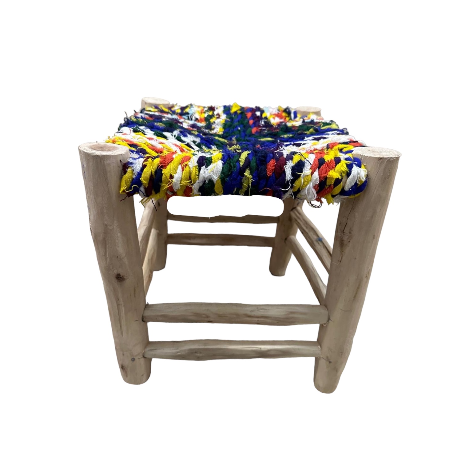 Photo d’un Tabouret marocain coloré boucherouite jaune et en bois naturel