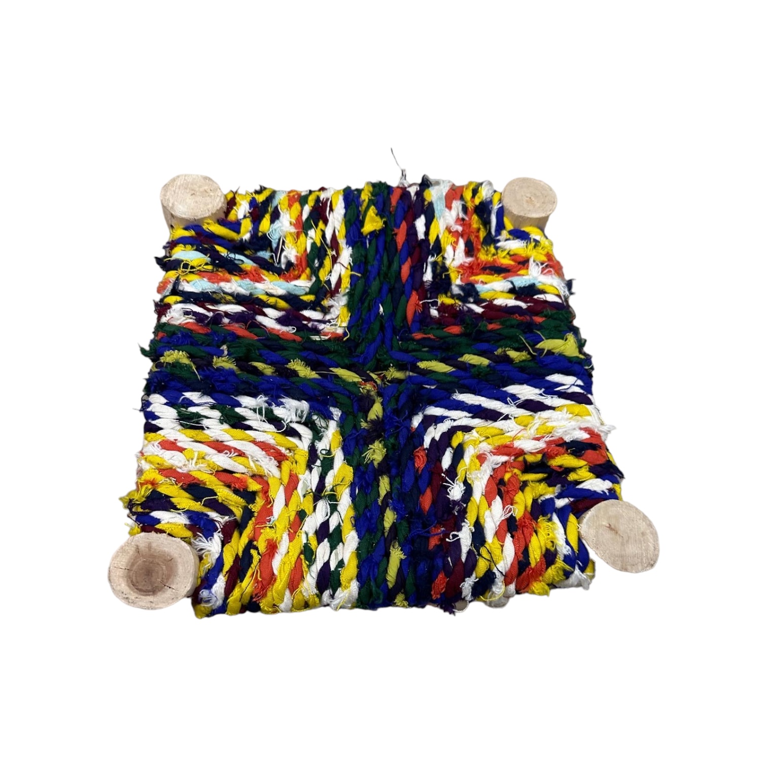 Tabouret marocain coloré boucherouite jaune et en bois naturel – Image 2