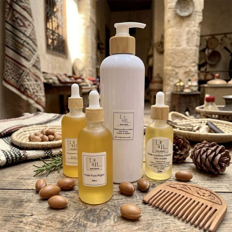 Flacons d'huile d'argan pure et d'huile nutritive Inspiration Berbère entourés de noix d'argan et d'un peigne en bois