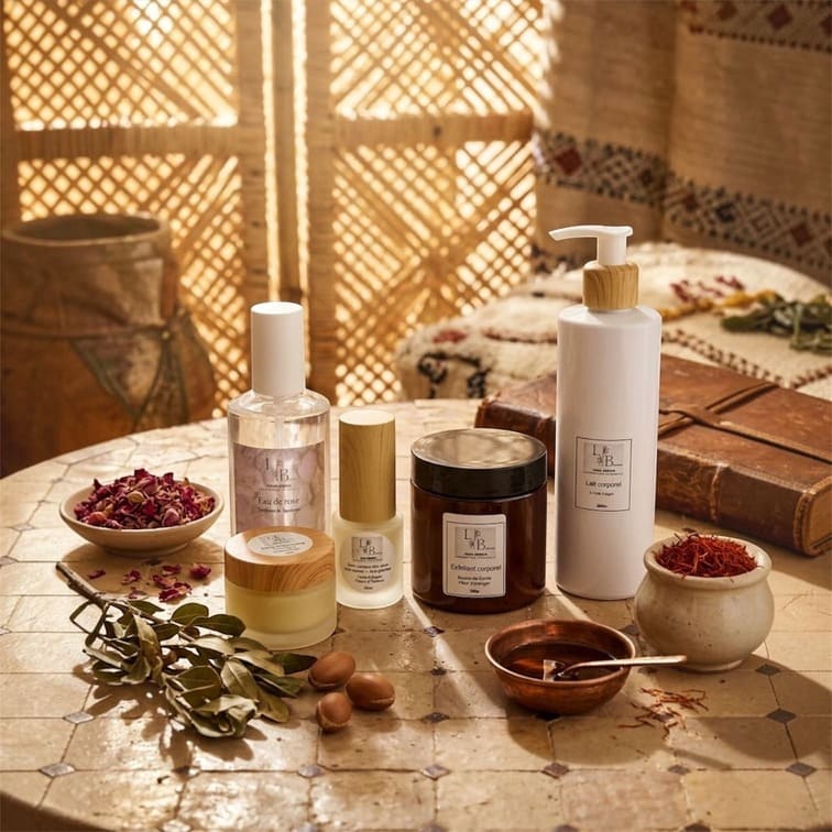 Soins visage et corps marocains Inspiration Berbère sur une table en zellige, avec pétales de rose, safran et noix d'argan
